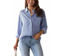 Ladies Shirts Womens Causal Button Down Blouse Stripe V Neck Long Sleeve Tops Tunics Basic Longline Shirts Fashion Office Work Blouses Cotton Stylish Tops Blue M