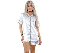 Ladies Short Pyjamas Soft Satin Pjs Set Two Piece Set Silk Short Pyjamas for Nightwear Women’s Short Sleeve Button Down Shirt and Short Set Sleepwear Loungewear Co ord Set (Grey, UK M/L)