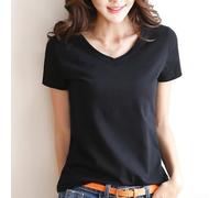 Ladies Short Sleeve Basic Tee Solid Color Top Suitable For Daily Office Or Weekend Outings Soft Lightweight Material With Round Or V Neck Design True To Size Fit Chart Included(XL Black v neck)