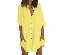 Ladies Short Sleeve Blouses Summer Long Sleeve Button Down Shirts Ladies Long Top Plain Loose Casual Blouses T-Shirt Beach Holiday Tees Oversized My Orders UK Yellow