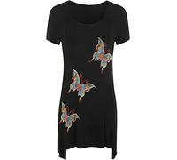 Ladies Short Sleeve Butterfly Sequin Studded Dip Hem Shirt Women's Scoop Neck Butterfly Print with Colorful Diamantes Summer Fashion Plus Size Tee Hanky Hem Top Black UK 22-24