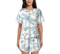 Ladies Short Sleeve Crew Neck Dragonfly Print Pyjama Set S-4XL, black/white, 20