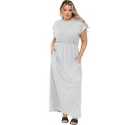 Ladies Short Sleeve Full Length Plain Maxi Dress, Womens Casual Stretchy Crew Neck Summer Elegant Beach Club Cocktail Work Long Dresses with 2 Pockes in Jersey UK Plus Size 16-26, Silver-20/22