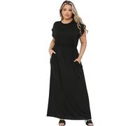Ladies Short Sleeve Full Length Plain Maxi Dress, Womens Casual Stretchy Crew Neck Summer Elegant Beach Club Cocktail Work Long Dresses with 2 Pockes in Jersey UK Plus Size 16-26, Black-16/18