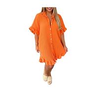 Ladies Short Sleeve Gold Button Pleated Dress Top Womens Plain Collared Frill Hem Swing Summer Dress