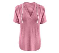 Ladies Short Sleeve Hoodie Summer Casual Solid Color Plus Size Hooded Tops Loose Fit Tees Sport Going Out Blouse Clothes Red