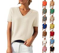Ladies Short Sleeve Jumpers V Neck Petite Lightweight Spring Autumn Fine Knitted Slim Fit Going Out Tshirt Pullovers Fashion Ladies Tops Stretch Soft Knitwear Basic Sweaters Beige