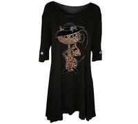Ladies Short Sleeve Leopard Cat with Hat Print Flared Turn Up Lightweight Shirt Top Women's Leopard Cat with Hath Print Summer Fashion Dip Hem Tee Sequined Top (Black, UK 2830)