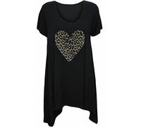 Ladies Short Sleeve Sequin Heart Stud Dip Hem Shirt Womens Summer Fashion Plus Size Tee Hanky Hem Top Black UK 18