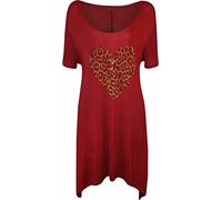 Ladies Short Sleeve Sequin Heart Stud Dip Hem Shirt Womens Summer Fashion Plus Size Tee Hanky Hem Top Wine UK 22-24
