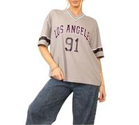 Ladies Short Sleeve Striped V-Neck Los Angeles 91 Number Print T-Shirt Top Womens Oversized Summer Streetwear Pullover Sports Jersey Tee Shirt Tops