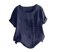 Ladies' Short Sleeve Suit Women Linen T-Shirt Solid Colours Round Crew Enck Short Sleeves Summer Fashion Casual Elegant Leisure Tee Shirt Loose Fit Plus Size Blouse Navy