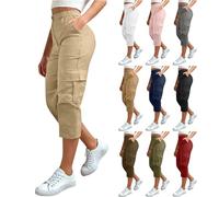 Ladies Shorts 3/4 Cargo Shorts Solid Color Capri Cropped Trousers with Multi Pockets Summer Workout Chinos Trousers Elastic Waist High Stretch Multi-Pocket Durable Cargo Pants Beige