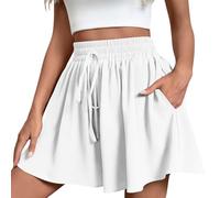 Ladies Shorts Culottes Shorts For Women UK Wide Leg Elastic Waist Running Short Womens Drawstring Knee Length Summer Pants Workout Golf Yoga Tennis Skirt with Pockets Loose Culottes Plus Size,White,XL