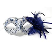 LADIES SILVER & BLUE CRYSTAL JEWELLED VENETIAN MASQUERADE CARNIVAL PARTY EYE BALL MASK WITH FLOWER