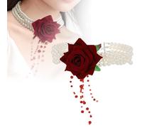 Ladies Silver Chunky Necklace and Pendants Exquisite Hand Beaded Layer Pearl Rose Fringe Necklace Dazzling Suitable For Any Occasion Let You Be The Focus Of The Audience! Rings for Women (Red, 15cm)