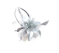 Ladies silver grey Wedding Fabric Flower and Feather Fascinator on Clear Comb