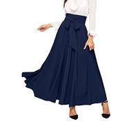Ladies Skirts Clearance Ladies Elasticated Waist Skirts Women's Elegant High Waist Skirt Tie Front Pleated Maxi Boho Midi Skirt Cotton Party Women UK Scottish Fancy Dress Women Navy