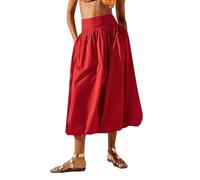 Ladies Skirts High Waist Solid Color Elegant A-Line Skirt Elastic Waist Front Pleated Long Skirts Festival Outfits Clothing Casual Midi Skirt for Beach Party Red