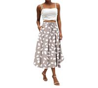 Ladies Skirts UK Clearance, Women's Flowy Elastic High Waist Skirts Summer Boho Floral Pattern Print Casual A Line Midi Skirt with Pockets for Beach Holiday Travel Gifts for Her,Khaki,M,u39k
