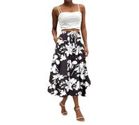 Ladies Skirts UK Clearance, Women's Flowy Elastic High Waist Skirts Summer Boho Floral Pattern Print Casual A Line Midi Skirt with Pockets for Beach Holiday Travel Gifts for Her,Black,L,u07k