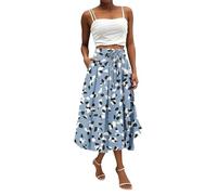 Ladies Skirts UK, Women's Flowy Elastic High Waist Skirts Summer Boho Floral Pattern Print Casual A Line Midi Skirt with Pockets for Beach Holiday Travel Graduation Gifts for Her,Blue,S,u15k