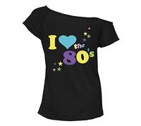 Ladies Slash Neck I Love The 80s T Shirt Off Shoulder Lightweight Style Top Women’s Pop Festival Cap Sleeve Disco Style Pattern Retro Basic Shirt UK 8-20 Black