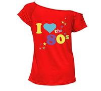 Ladies Slash Neck I Love The 80s T Shirt Off Shoulder Lightweight Style Top Women’s Pop Festival Cap Sleeve Disco Style Pattern Retro Basic Shirt UK 8-20 Red