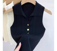 Ladies Sleeveless Knitted Vest Solid Color Collarless Top Soft Stretchy Fabric Base Layer Shirt Casual Innerwear For Daily Wear(Average Size Black)