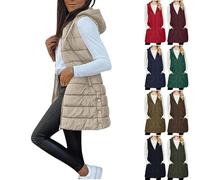 Ladies Sleeveless Padded Gilet Longline Hooded Jacket Quilted Winter Wear Long Hoody Button Side Split Puffer Long Solid Color Coats Women's Fashion Winter Outifts