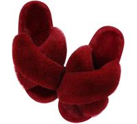 Ladies Slippers Fashion Fur Slippers For Women Winter Soft Bottom Cozy Flip Flops Female Indoor Home Fluffy Short Plush Fuzzy Slides(Wine Red,38-39(9.2-9.4 inch))