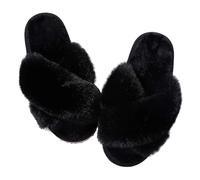 Ladies Slippers Fashion Fur Slippers For Women Winter Soft Bottom Cozy Flip Flops Female Indoor Home Fluffy Short Plush Fuzzy Slides(Black,38-39(9.2-9.4 inch))