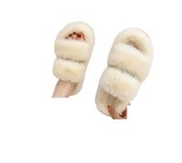 Ladies Slippers One Word Thick Fur Slippers Double Casual Home Cotton Shoes For Women Flat Plush Cross Straps(Beige,37)