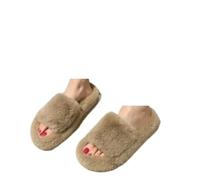Ladies Slippers One Word Thick Fur Slippers Double Casual Home Cotton Shoes For Women Flat Plush Cross Straps(Khaki 03,37)