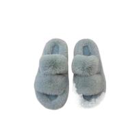 Ladies Slippers One Word Thick Fur Slippers Double Casual Home Cotton Shoes For Women Flat Plush Cross Straps(Blue,36)