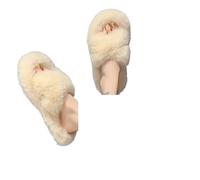 Ladies Slippers One Word Thick Fur Slippers Double Casual Home Cotton Shoes For Women Flat Plush Cross Straps(Beige 02,37)