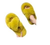 Ladies Slippers One Word Thick Fur Slippers Double Casual Home Cotton Shoes For Women Flat Plush Cross Straps(Yellow 02,35)