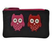 Ladies Small Leather Coin Purse/Wallet by Mala; Kyoto Collection Cute Owls (Black)