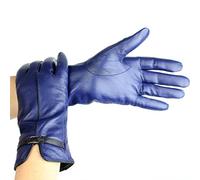 Ladies Soft Real Genuine Leather Lined Warm Winter Gloves with buckle Medium Size (comes with MK EUROPE packaging) (navy blue)