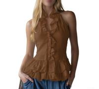 Ladies Solid Color Button Down Vest Top Retro Style Ruffled Halter Neck Sleeveless Shirt for Vacation Cycling Daily Fit S-XXL(Brown M)