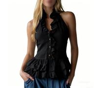 Ladies Solid Color Button Down Vest Top Retro Style Ruffled Halter Neck Sleeveless Shirt for Vacation Cycling Daily Fit S-XXL(Black L)