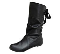 Ladies Solid Color Large Size Retro Round Toe Boots Bowknot Slope Heel Thick Sole Lightweight Mid Calf Boots