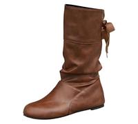 Ladies Solid Color Large Size Retro Round Toe Boots Bowknot Slope Heel Thick Sole Lightweight Mid Calf Boots
