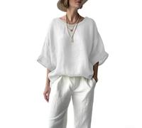 Ladies Solid Color Round Neck Loose Seven Quarter Sleeve Polyester Top For Summer Vacation Beach Yoga Cycling Holiday Fashion Regular Length Style(XXXXL White)