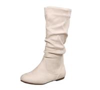 Ladies Solid Color Suede Pleated Pile Boots British Style Flat Bottom Medium Boots (Beige, 5)