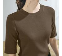 Ladies Solid Half Sleeve Tee With Round Neck Elastic Ribbed Fabric Casual For Slim Fit Pullover Top Suitable For Four Seasons And Various For Occasions(XL Coffee)