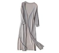 Ladies' Solid Linen Ice Cotton And Linen Knit Cardigan Midi plus Size Raincoat (Grey, M)