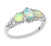 Ladies Solid Sterling Silver Natural Fiery Opal English Victorian Trilogy Ring | Size L | Silver October Birthstone Women's Ring