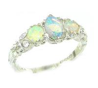 Ladies Solid Sterling Silver Natural Fiery Opal English Victorian Trilogy Ring Size P 1/2 October birthstone ring for anniversary