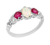 Ladies Solid Sterling Silver Natural Opal & Ruby English Victorian Trilogy Ring